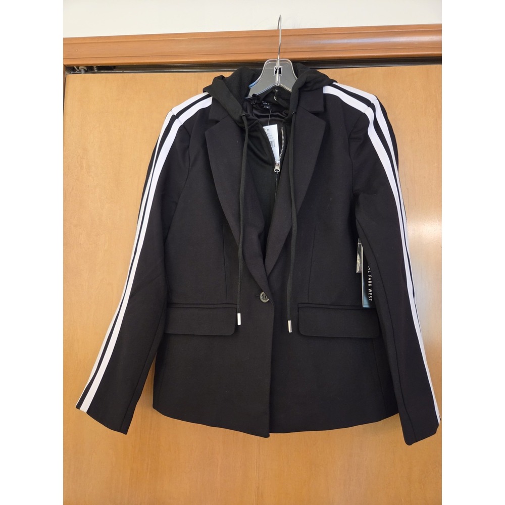 Central Park West Wms Blazer Jkt Black White Stripe Removable Hood Med NEW! $225